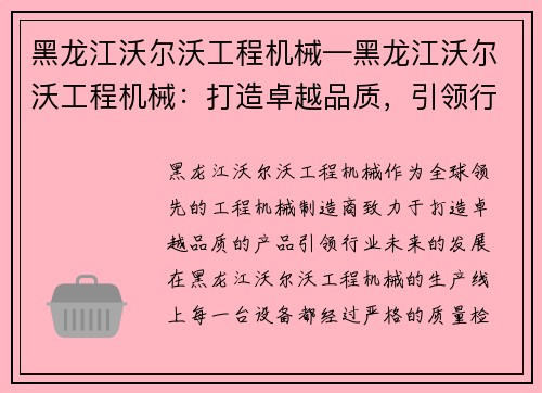 黑龙江沃尔沃工程机械—黑龙江沃尔沃工程机械：打造卓越品质，引领行业未来